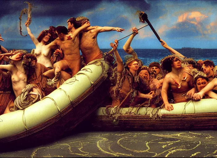 Image similar to photo of the raft of the medusa, by lawrance alma - tadema by annie leibovitz by roger corman by richard corben by rick baker, fujifilm velvia 5 0. masterpiece, intricate, hyper realism, high detail, octane render, unreal engine, 8 k