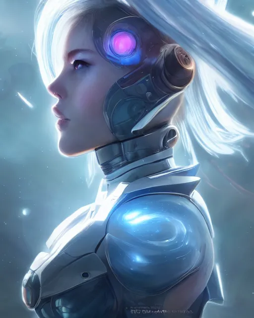 Image similar to perfect android girl on a mothership, warframe armor, beautiful face, scifi, futuristic, galaxy, nebula, bae suzy, dreamy, long white hair, blue cyborg eyes, sharp focus, cinematic lighting, highly detailed, artstation, divine, by gauthier leblanc, kazuya takahashi, huifeng huang