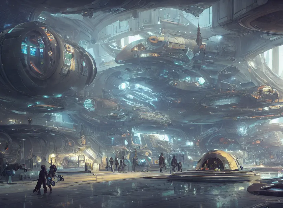 Prompt: the inside of a futuristic dieselpunk space dock, parked spaceships, mechanics walking around, by peter mohrbacher, firefly, unreal engine 5, extreme detail, hyper realism, realistic shading, cinematic composition, realistic render, octane render, detailed textures, photorealistic, colorful, raytracing
