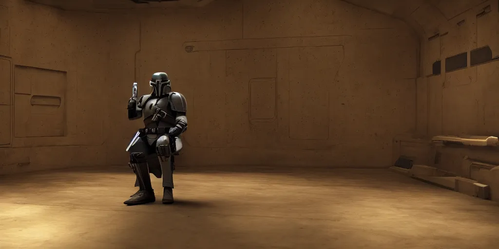 Image similar to large room, atmospheric, single deathwatch mandalorian sitting in thinking pose, cinematic, 4 k