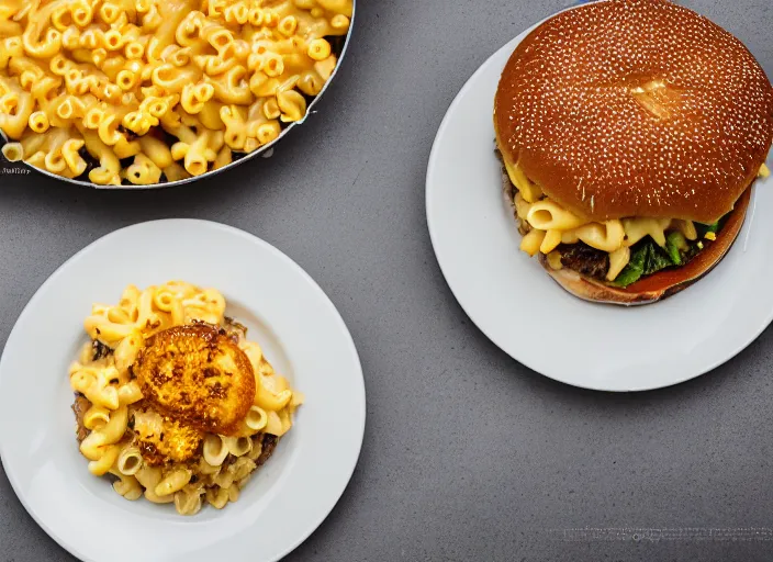 Prompt: dslr food photograph of hamburger over macaroni and cheese, 4 k award winning 8 5 mm f 1. 8