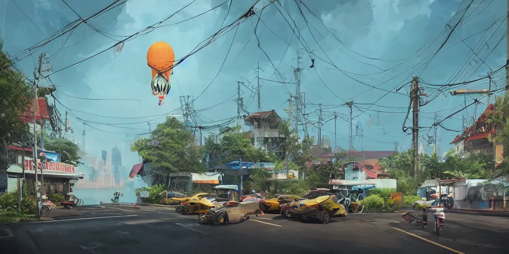 Prompt: a bangkok seaside street view with a giant weird creaturesimon stalenhag, highly detailed, digital art, realistic, trending on artstation, 4 k