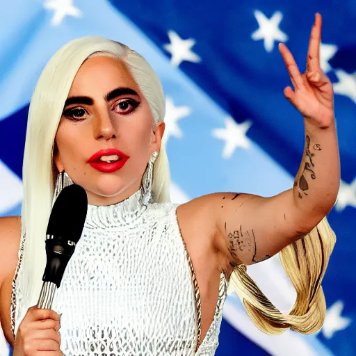 Image similar to Lady Gaga president of Argentina, Argentina flag behind, bokeh, detailed, hd, waving hands