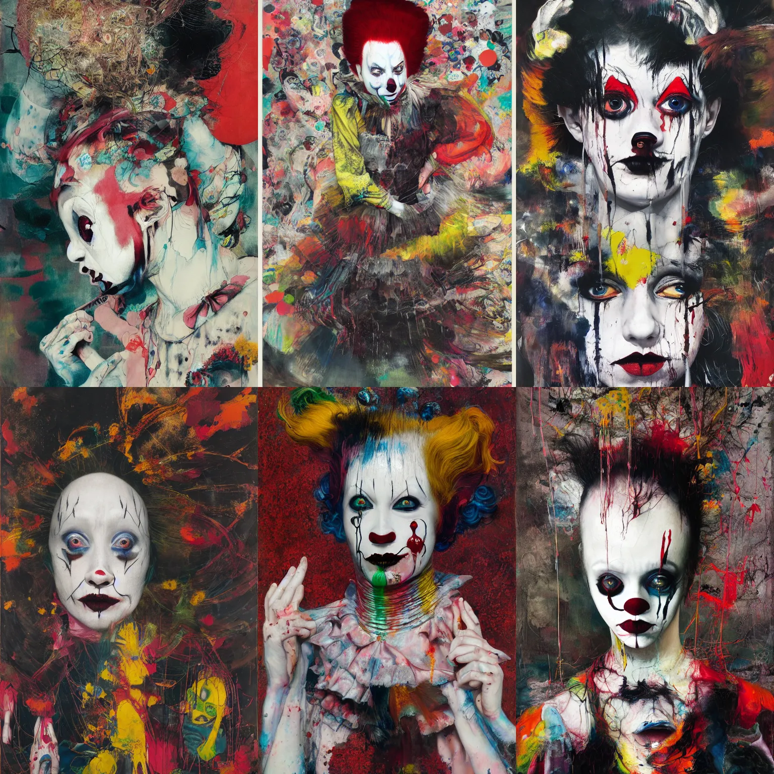 Prompt: clown girl, gothic, rich deep colours, painted by francis bacon, adrian ghenie, james jean and petra cortright, part by gerhard richter, part by takato yamamoto. 8 k masterpiece