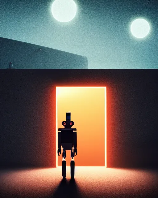 Image similar to a robot standing in front of a glowy open door that's on a barren moon, poster art by mike winkelmann, trending on cg society, space art, sci - fi, ue 5, futuristic, volumetric lighting, light casting onto the ground, neat composition and camera angle