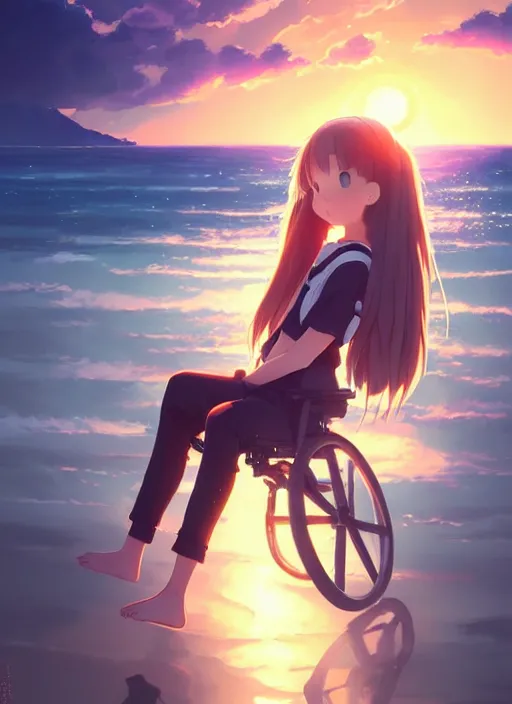 Prompt: portrait of cute girl hugging a swan, sunset sky in background, beach landscape, illustration concept art anime key visual trending pixiv fanbox by wlop and greg rutkowski and makoto shinkai and studio ghibli and kyoto animation, futuristic wheelchair, symmetrical facial features, future clothing, backlit