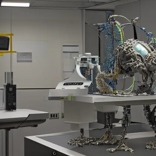 Prompt: a mri 3 d printer machine and control panels in the laboratory inspection room making a cybernetic symbiosis, cybernetic mech cat, organic ceramic fractal forms, golden hour lighting, film still from the movie directed by denis villeneuve with art direction by wayne barlowe and salvador dali, wide lens,