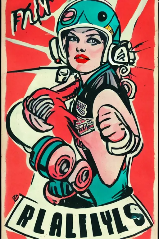 Prompt: roller derby girl portrait, logo, wearing helmet, fists up, Frank Hampson and mcbess, 1950s
