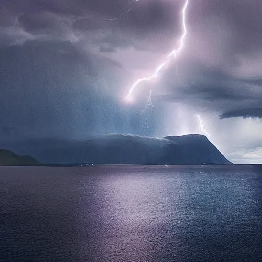 Prompt: a dark thunderstorm over the Norwegian fjords, distant mountains, digital art, bright lightning bolts