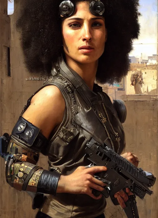 Image similar to buff Maria. beautiful cyberpunk soldier wearing a military vest and military gear (cyberpunk 2077). gorgeous face and afro. Iranian orientalist portrait by john william waterhouse and Edwin Longsden Long and Theodore Ralli and Nasreddine Dinet, oil on canvas. Cinematic, hyper realism, realistic proportions, dramatic lighting, high detail 4k