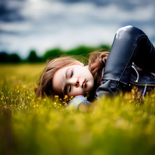 Image similar to young girl lies on a meadow, she wears leather jacket, jeans and black boots, sharp focus, photo taken by nikon, 4 k,