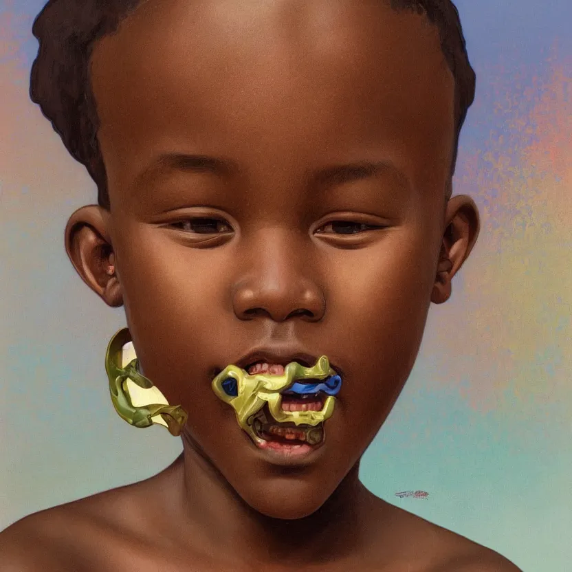 Image similar to colourful upper half portrait of an african boy with sliver teeth grillz, art by hsiao - ron cheng & alphonse mucha, highly detailed, digital painting, ray tracing, concept art, illustration, smooth sharp focus, intricate, symmetry, artstation,