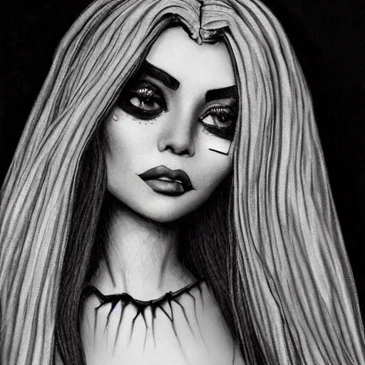 Prompt: michael karcz grunge drawing of kylie jenner. , in the style of corpse bride, loony toons style, horror themed, detailed, elegant, intricate, trending on artstation, 4k