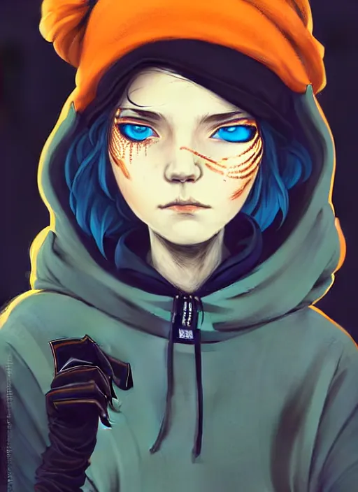 Image similar to highly detailed portrait of a sewer punk lady student, blue eyes, leather hoodie, hat, white hair by atey ghailan, by greg tocchini, by james gilleard, by kaethe butcher, gradient orange, black, brown and cyan color scheme, grunge aesthetic!!! ( ( graffiti tag wall background ) )