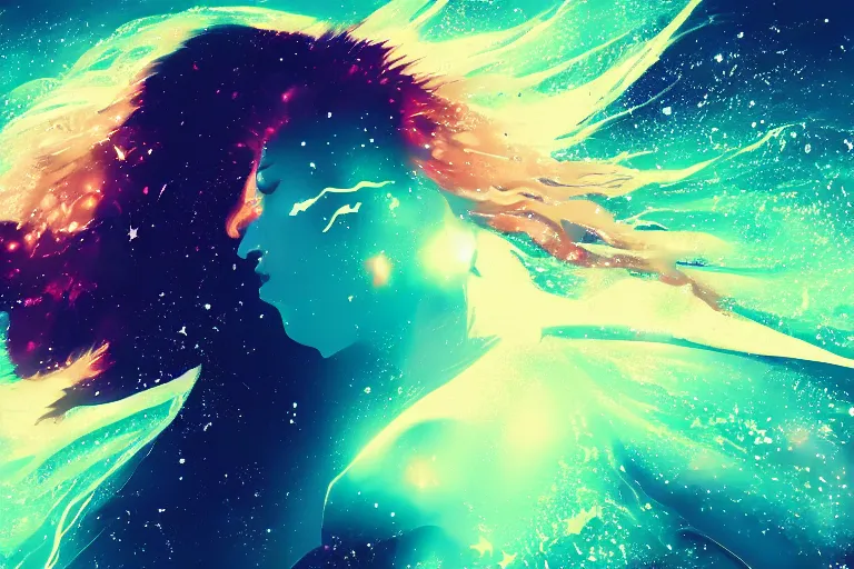 Image similar to silhouette of a girl laying horizontally suspended in air with long hair, she's exploding into incredible stars and nebula, dramatic abstract digital painting, trending on artstation