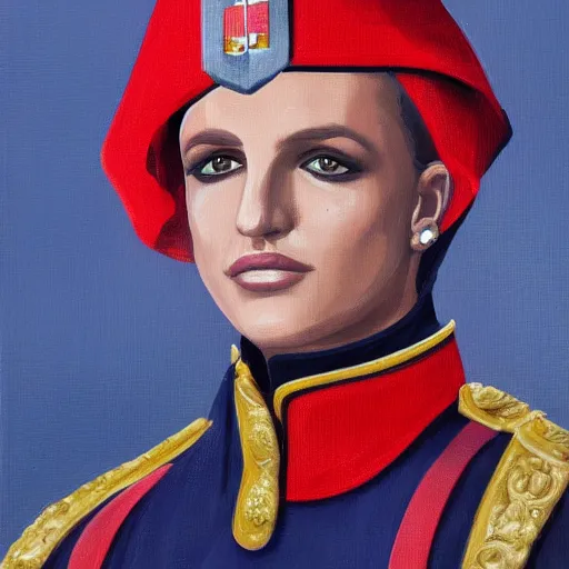 Image similar to portrait of britney spears wearing a swiss guard uniform, oil on canvas, 8 k, very detailed, very intricate,