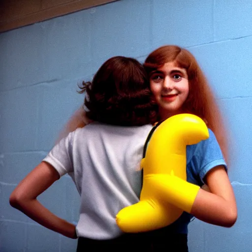 Prompt: teenage girl holds hands with smiley inflatable boyfriend at high school, 1978 color Fellini film, in school hallway, dirty walls, archival footage, technicolor film, 16mm, live action, John Waters, campy