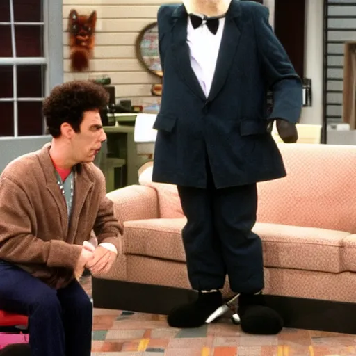 Image similar to That episode of Seinfeld where Kramer accidently ends up at a furry convention and stumbles into the headless lounge right into a very surprised George Costanza, making him drop his fursuit head.