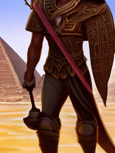 Prompt: a handsome man, walking with his staff near the great pyramids. intricate, elegant, highly detailed, digital painting, artstation, concept art, sharp focus, illustration, by justin gerard and artgerm, 8 k