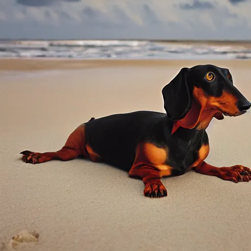 Prompt: Crustacean dachshund on the beach, National Geographic photograph