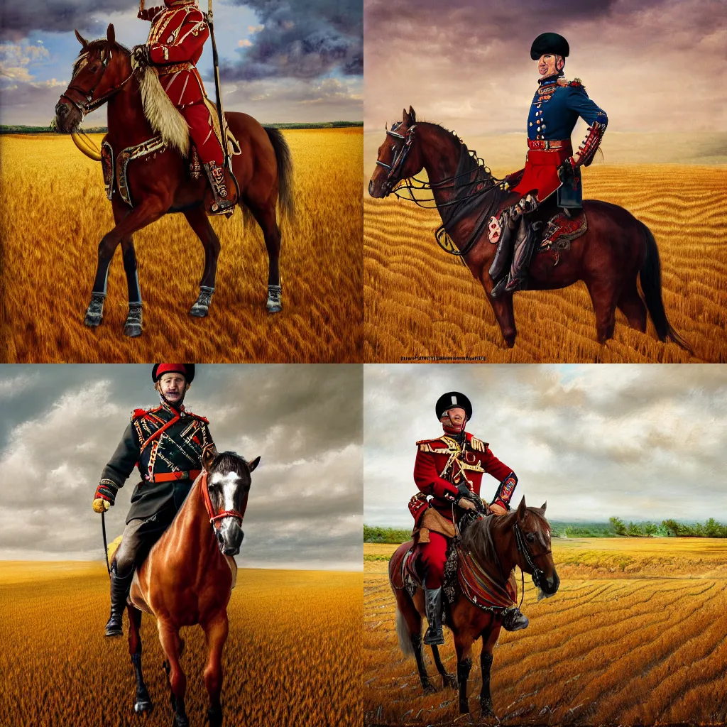 Prompt: portrait of russian hussar on horse, posing on wheat field, shot from The Duellists movie and the deluge, 4k resolution, detailed, concept art, oil painting, authentic costume