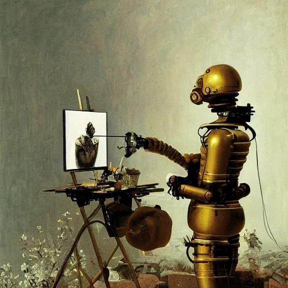 Image similar to robot artist painting a self - portrait on a canvas. intricate, highly detailed, photorealistic, film still, by carl spitzweg.