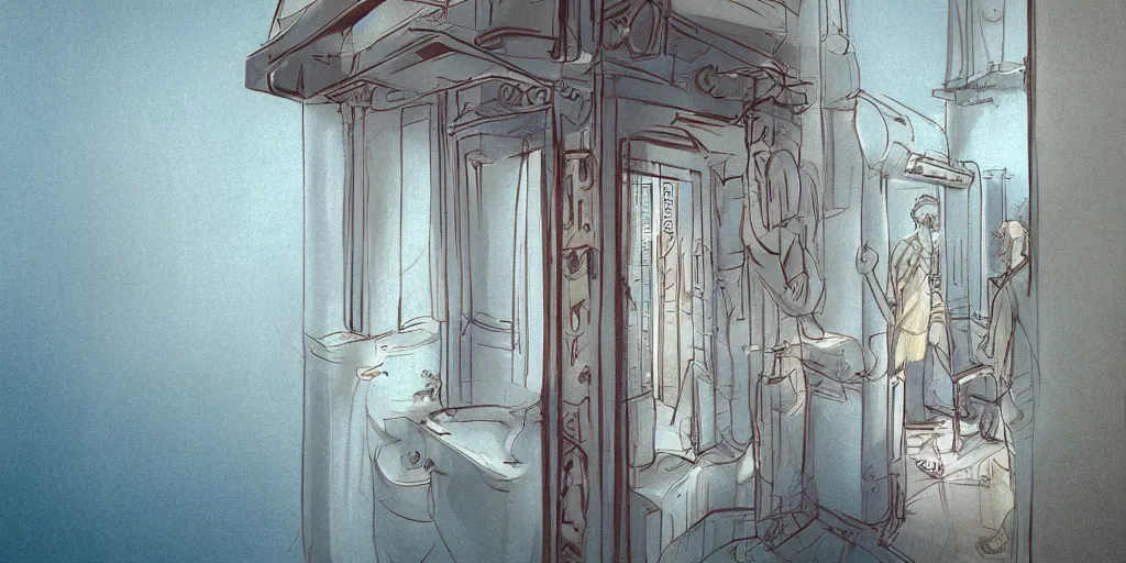 Prompt: back to the summer of the elevator of lisbon, concept art, pastel soft colors, in the style of danny mcbride, knyazev konstantin