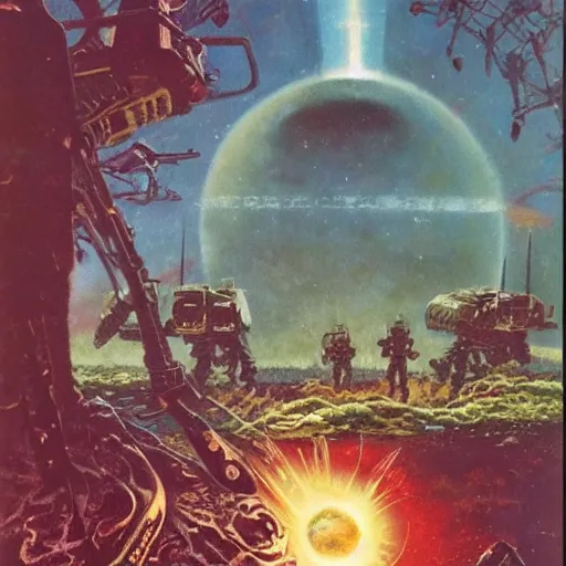 Image similar to armored squad in the acid swamps of venus, vintage, 1 9 5 0 s sci - fi art, by ed emschwiller