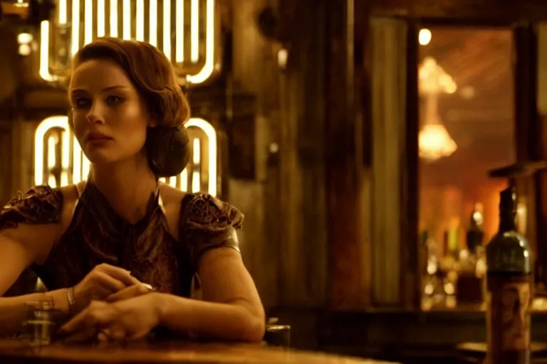 Prompt: cinematography of a beautiful cyborg woman in a vintage western bar alone asking for a drink by Roger Deakins