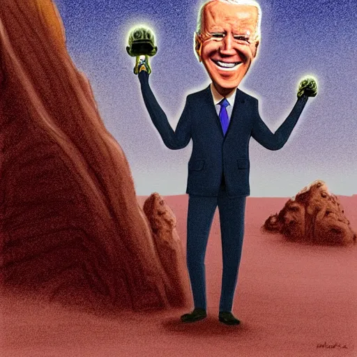 Prompt: drawing of Joe Biden , dressed in an alien costume , walking in the desert , in the style of Simon Stalenhag