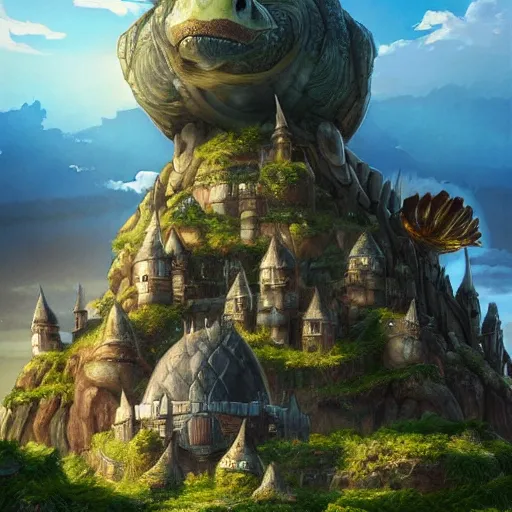 Prompt: large fantasy castle covering the top of a giant tortoise similar to howls moving castle and mortal engines, the tortoise moves accorss harsh wasteland with sharp rays of sunlight, distant - mid - shot, fantasy, hyper detailed, realistic