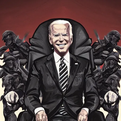 Prompt: Joe Biden sitting on a throne of skulls, digital painting, trending on artstation