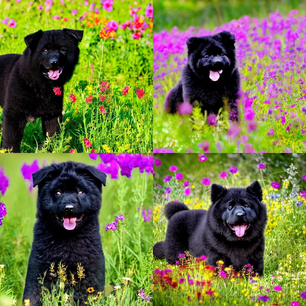Prompt: a black chow chow puppy with a purple tongue surrounded by beautiful wildflowers