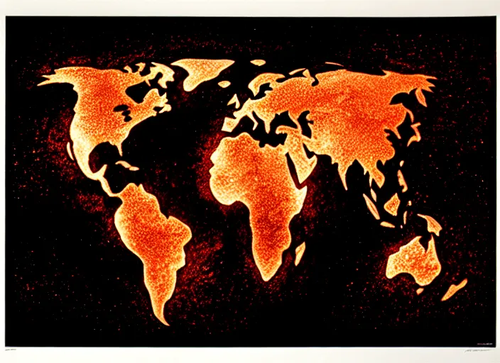 Image similar to the planet earth on fire view from space,risograph Mads Berg, Karolis Strautniekas, film noir, stippled light, dramatic lighting,editorial illustration, detailed, matte print, dark orange, red, black, screen print