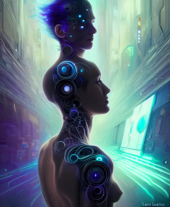 Image similar to a whirlwind of souls rushing inside the metaverse, hologram, half body, neurochip, shaved temple, piercing, jewelry, android, cyborg, cyberpunk face, by loish, d & d, fantasy, intricate, elegant, highly detailed, colorful, digital painting, artstation, concept art, art by artgerm and greg rutkowski and alphonse mucha