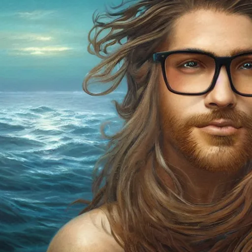 Prompt: a painting of a handsome guy with very long brownish! hair, with nerdy glasses as a mermaid! in the sea, art by artgerma and greg rutkowski