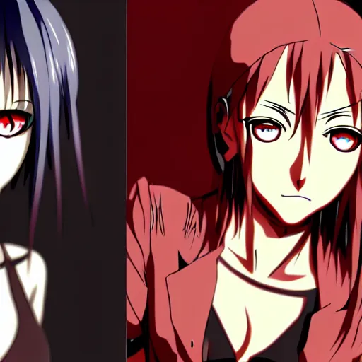 Prompt: female cyberpunk anime girl, yellow eye and red eye, symmetrical faces and eyes symmetrical body, middle shot waist up, Madhouse anime studios, Black Lagoon, Wit studio anime, 2D animation