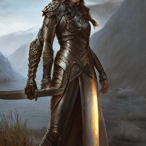 Prompt: standing elf with armor of rivendel and a curve long sword in full body and detailed face, epic masterpiece of cinematographic hyperrealism, realistic shaded lighting poster by craig mallismo, artgerm, jeremy lipkin and michael garmash, unreal engine, radiant light, detailed and intricate environment, digital art, art station trends