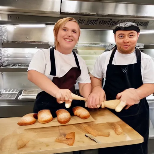 Image similar to two bakers pretending to use baguettes as swords in a small bakery by sanrio