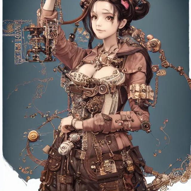 Image similar to the portrait of true neutral semi - colorful female steampunk mechanist as absurdly beautiful, gorgeous, elegant, young gravure idol, an ultrafine hyperdetailed illustration by kim jung gi, irakli nadar, intricate linework, bright colors, octopath traveler, final fantasy, unreal engine 5 highly rendered, global illumination, radiant light, detailed and intricate environment