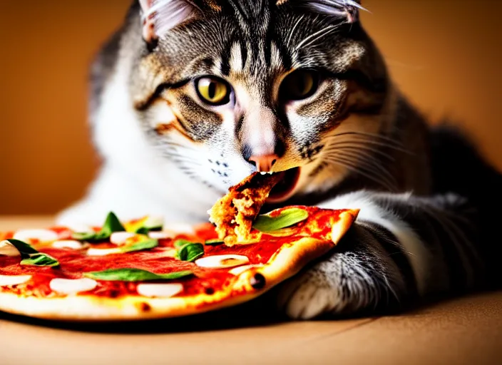 Prompt: photo of a very fat cat eating pizza. nikon d 8 5 0 5 5 mm. dof. cinematic postprocessing.