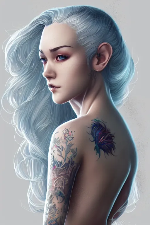 Image similar to teen girl, few speckle skin, tatoo, white hair, gorgeous, amazing, elegant, intricate, highly detailed, digital painting, artstation, concept art, sharp focus, illustration, art by Ross tran and kuvshinov