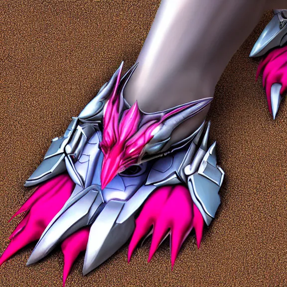 Image similar to very close up foot shot, hyperdetailed elegant beautiful stunning anthropomorphic mecha female dragon showing exquisite sharp dragon soles close to camera, laying on sand, detailed foot shot, sharp claws, sharp silver armor, fuchsia skin, dragon art, warframe destiny fanart, paw art, furry paws, furaffinity, deviantart, octane, ekasportal