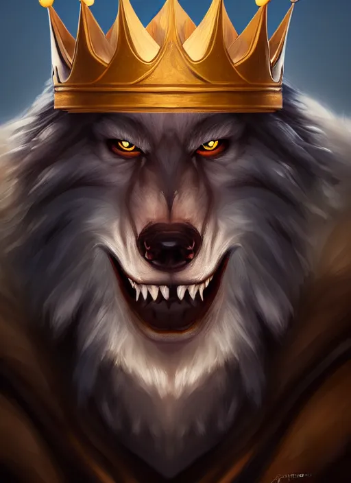 Image similar to portrait painting of werewolf king with crown, acrylic, daz. detailed, portrait, oil painting, artstation, unreal 5, hd, artgerm, dnd, rpg