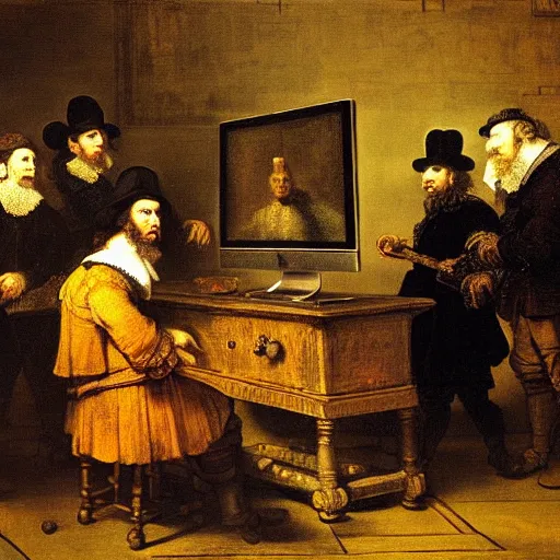 Prompt: a painting of people trading stocks in front of computer screens, in the style of syndics of the drapers'guild ( 1 6 6 2 ) by rembrandt. sad faces. trading chart on screen