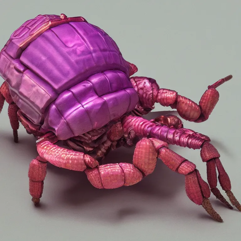 Prompt: hyperrealistic sculpture of a knobbed whelk hermit crab dusted with magenta and hunter green spraypaint in a grid cage on a pedestal by ron mueck and duane hanson and lee bontecou, hyperrealistic dramatic colored lighting trending on artstation 8 k