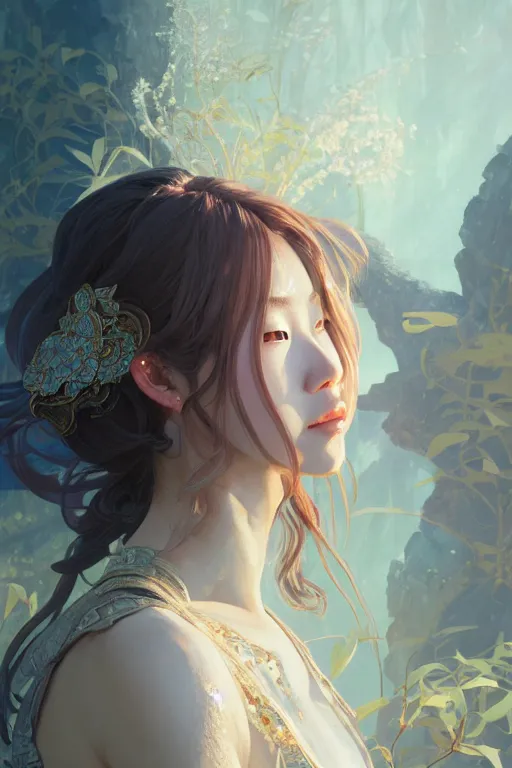 Image similar to portrait ayaka from genshin, in ruined Atlantis Sunrise, ssci-fi and fantasy, intricate and very beautiful and elegant, highly detailed, digital painting, artstation, concept art, smooth and sharp focus, illustration, art by tian zi and WLOP and alphonse mucha