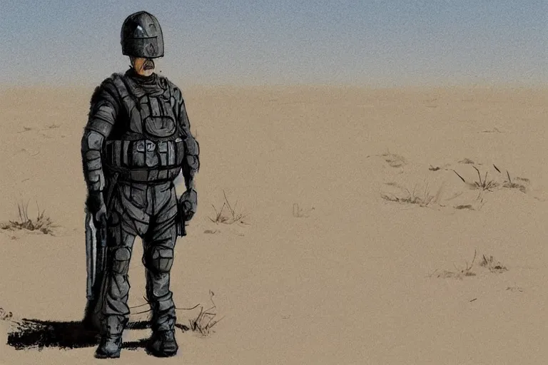 Image similar to sergeant dornan is standing in the desert near a closed hangar, a small ripple in the air from the heat, glare from the sun on metal surfaces, realistic proportions, anime style ghost in armor