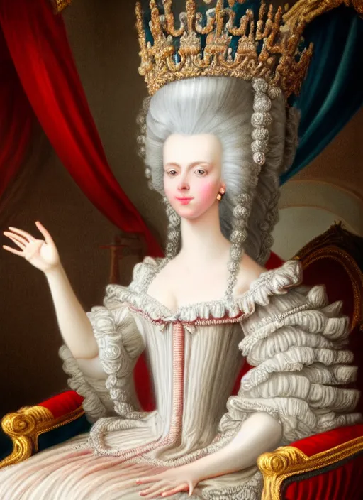 Image similar to highly detailed closeup, simple hand gestures, straight fingers, portrait of marie antoinette wearing a crown and sitting on a throne eating cakes, unreal engine, nicoletta ceccoli, mark ryden, earl norem, lostfish, global illumination, god rays, detailed and intricate environment