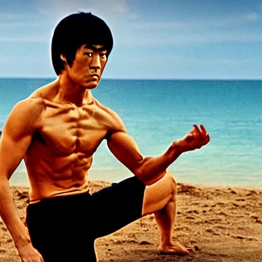 Image similar to bruce lee, meditating on beach, 4 k high definition